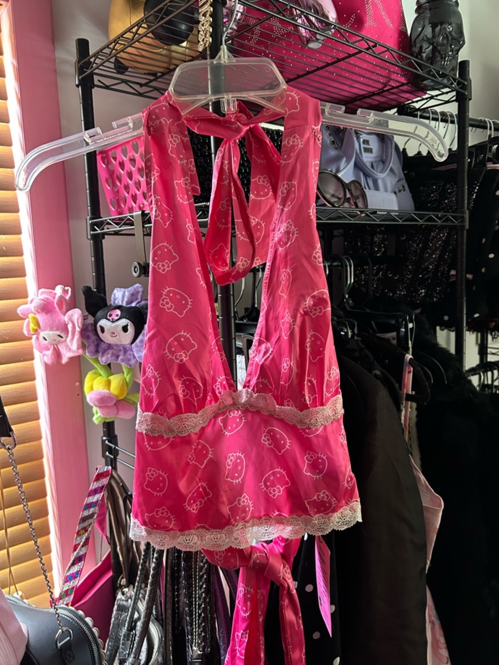 NWT Pink Hello Kitty Print Satin Halter with lace trim